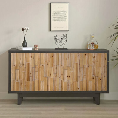 Ophelia & Co. Modern Wooden 4-Door Storage Cabinet With Textured Geometric Design - Natural Wood Door