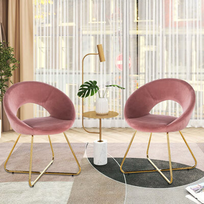 Red Barrel Studio Pink Velvet Arm Chair Of 2 - Golden Metal Frame Dining Comfy Mid-Century Leisure For Interior Design 2Pcs Seat Living Room Upholstered