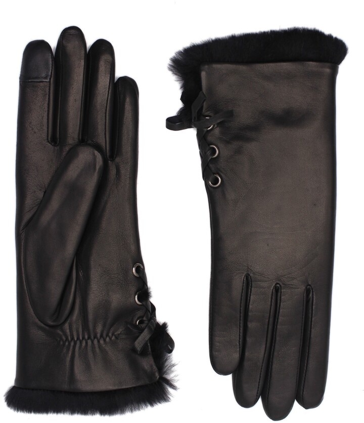 Agnelle Side Tie Genuine Rabbit Fur Lined Lambskin Leather Gloves