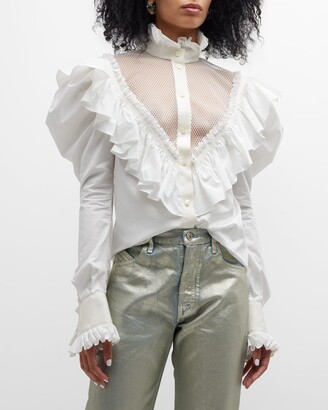 UNTTLD Marilla Mesh-Yoke Ruffle Collared Shirt