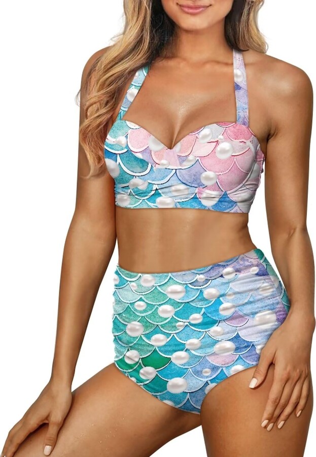 Suhoaziia Mermaid Pearl Two-Piece Women's Bikini Sets for Summer Beach Soft  Halter Ruched Bathing Suits Tie Side Push Up Swimsuit Beachwear - ShopStyle