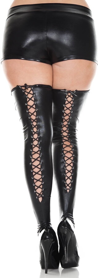 Music Legs Women’s Plus size lace up wet look thigh hi 4888Q Black