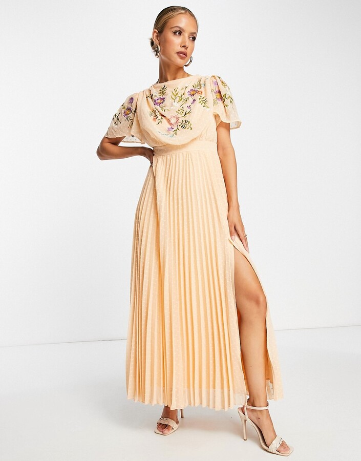 ASOS DESIGN pleated dobby cowl front embroidered maxi dress in