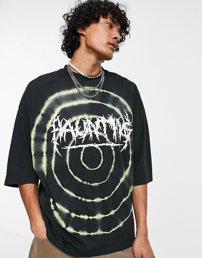 ASOS DESIGN oversized t-shirt in black circle dye with text print -