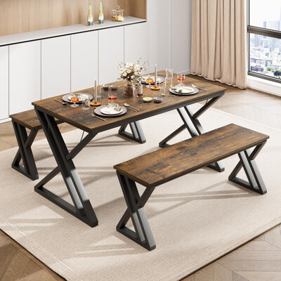 Dining Table Bench Set for 4, Kitchen Table with 2 Benches – Rectangular Dining Room Set with Sturdy Metal Frame, Space-Saving for Kitchen/Dining Room
