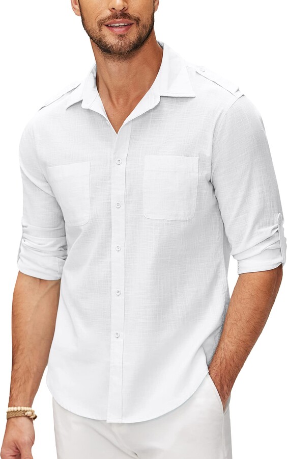 COOFANDY Men's Cotton Linen Shirt Long Sleeve Casual Button Down Summer