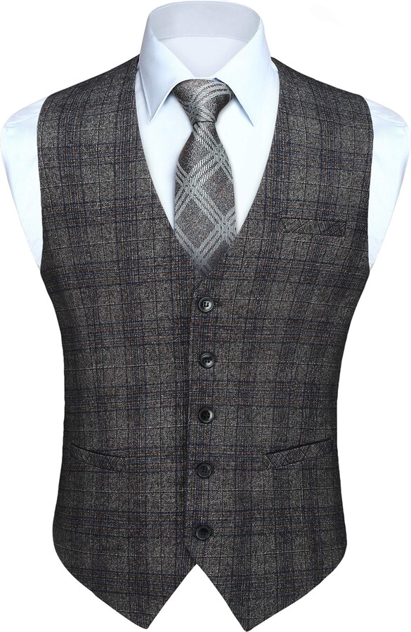 HISDERN Men's Charcoal Gray Plaid Waistcoats Formal Classic Check