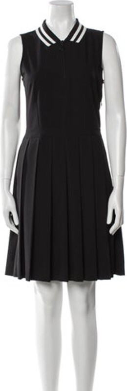 Tory Burch A-Line Dress Black Pleated & Grosgrain Accents Sleeveless with V-Neck Exposed Zip Closure at Front Designer