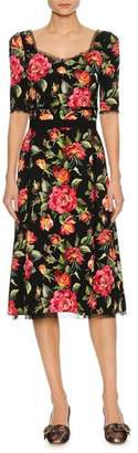 Dolce & Gabbana Rose-Print Sweetheart A-Line Dress, Black