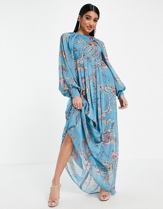 ASOS DESIGN maxi dress with blouson sleeve in blue paisley print