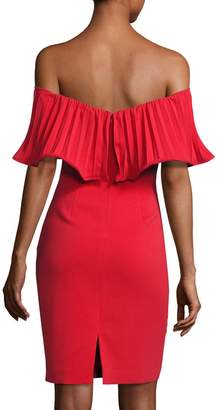 Badgley Mischka Off-the-Shoulder Pleated Stretch Crepe Cocktail Dress, Red