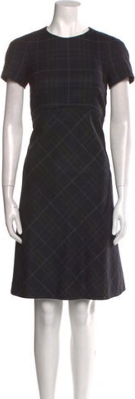 Burberry London Wool A-Line Dress Black Abstract Check Short Sleeve with Crew Neck Concealed Zip Closure at Back Designer size 38.