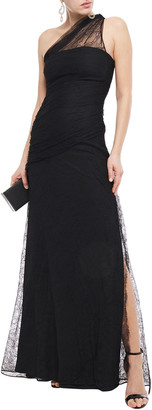 Roberto Cavalli One-shoulder Gathered Lace-layered Crepe Gown