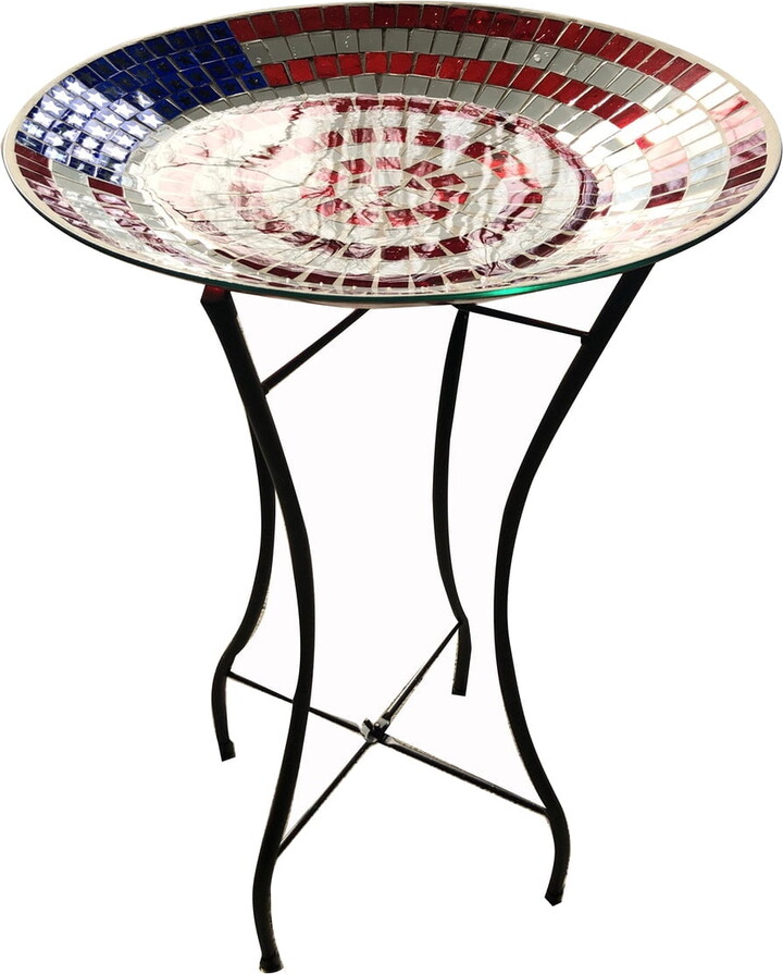 American Flag Mosaic Glass Birdbath With Metal Stand