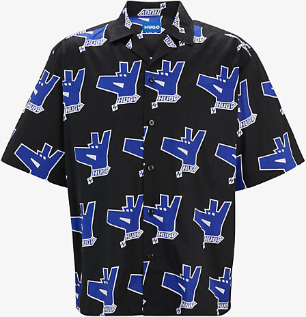 HUGO BOSS Mens Black Logo-Print Relaxed-Fit Short-Sleeve Cotton Shirt L
