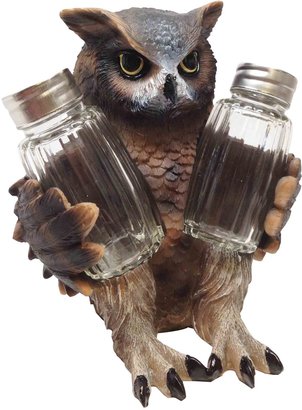 ATL Mysterious Nocturnal Owl Bird Seasoning Salt Pepper Shakers Holder Figurine With Glass Shakers Statue Home Decor Rustic Forest Lovers Woodland Creatures