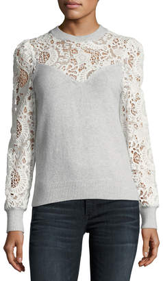 Rebecca Taylor Crewneck Long-Sleeve Mixed-Lace Pullover Sweater