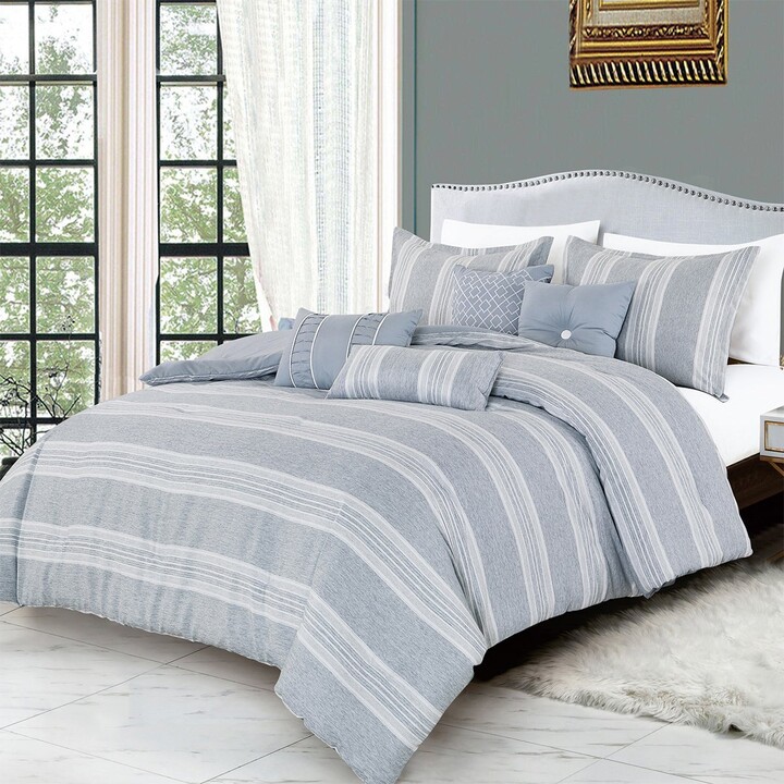 NAVY BLUE BERTHA 7 PIECE COMFORTER AND PILLOW SHAM SET OVERSIZED AND OVERFILLED 