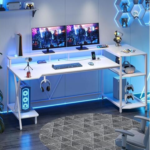 KINGARD SEDETA White Gaming Desk 70.8'' with LED Lights and Storage Shelves, Computer Desk with Monitor Stand, Power Outlets and Cup Holder, Large PC Gamer...