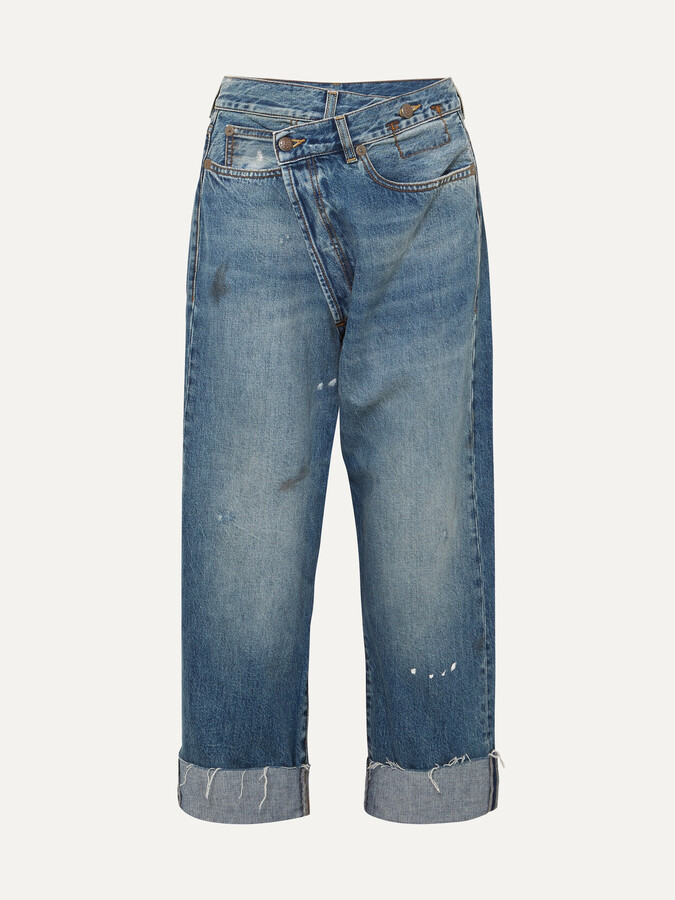 R 13 Crossover Asymmetric Distressed High-rise Wide-leg Jeans - Blue