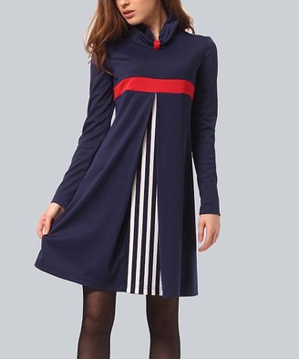 Agata Weber Women's Casual Dresses Navy - Blue Stripe Empire-Waist Dress - Women & Plus