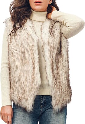 Handcess Women's Faux Fur Vest White Brown Short Sleeveless Coat Jacket  Winter Warm Waistcoat Outwear for Spring Autumn and Winter(L) - ShopStyle