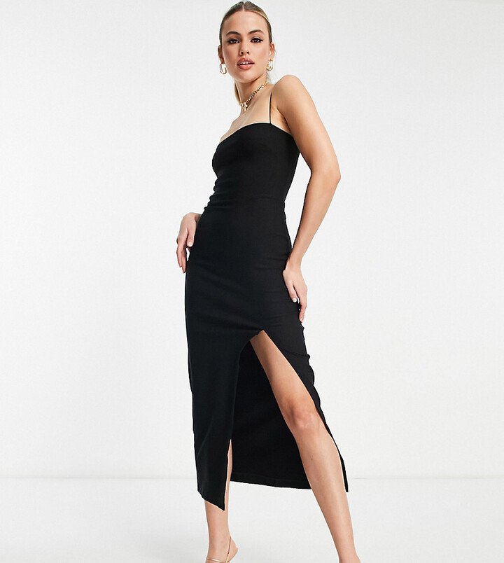 Vesper Tall cami strap midi dress with thigh spilt in black - ShopStyle