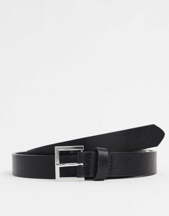 ASOS Design Smart Leather Skinny Belt with Matte Black Buckle in Black