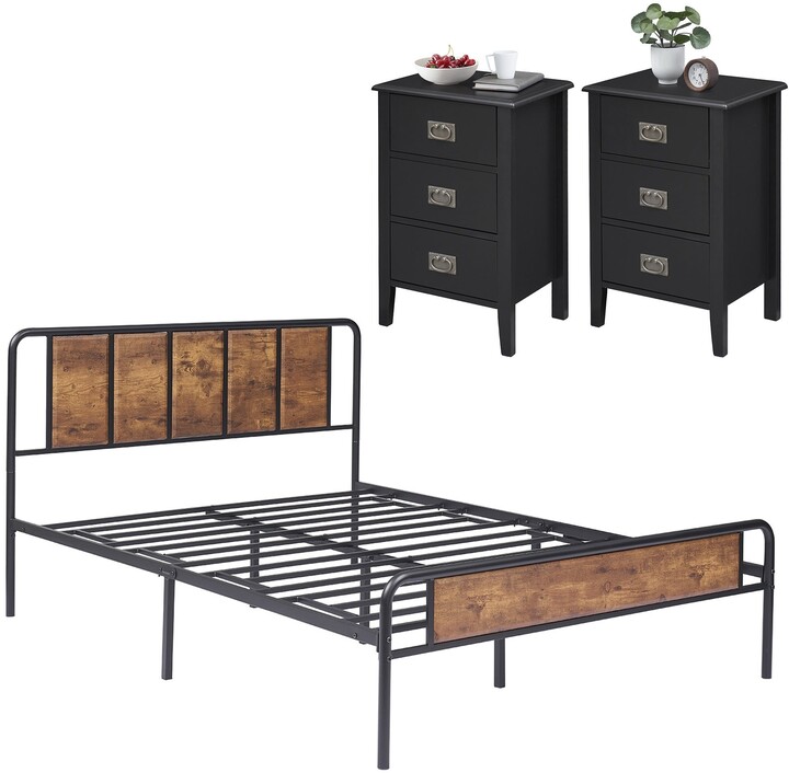 Taomika 3pieces Bed Frame with Wood Headboard and 3Drawer Nightstands