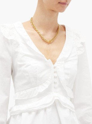 Self-Portrait Ruffled V-neck Tie-back Cotton Blouse - White