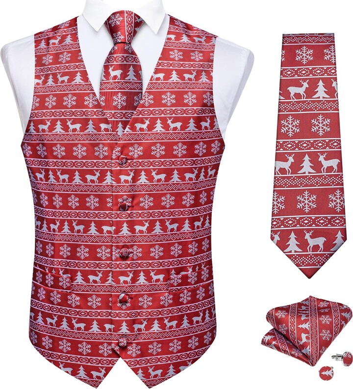 DiBanGu Red Mens Christmas Vest and Tie Set Silk Christmas Waistcoat
