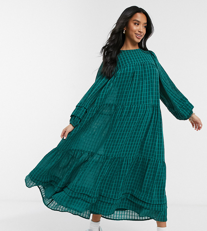 ASOS Petite DESIGN Petite oversized maxi smock dress in self check with  pintucks in forest green - ShopStyle