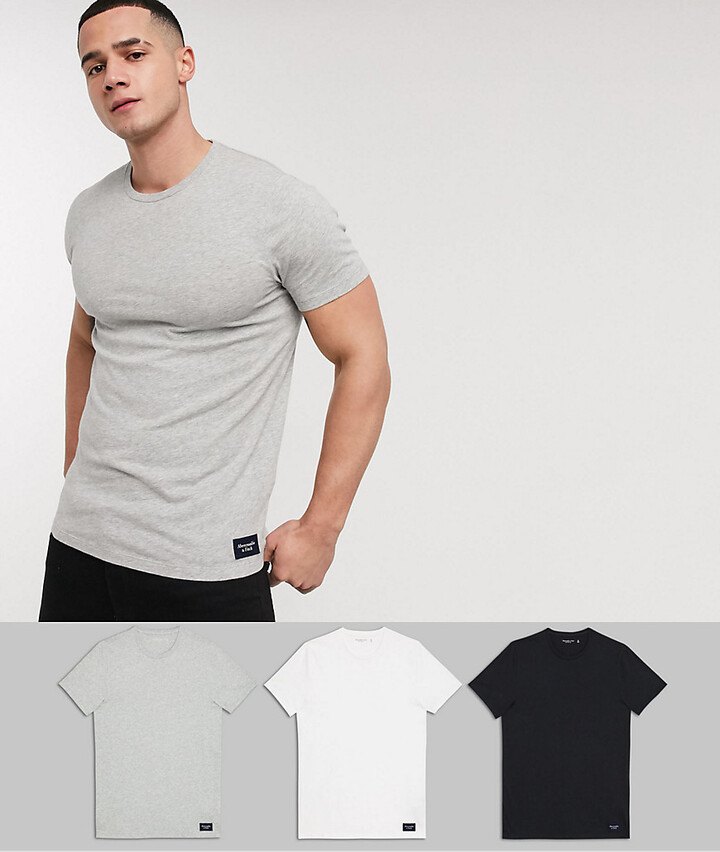 Abercrombie & Fitch 3 pack label logo crew neck t-shirt in white/grey/black  - ShopStyle