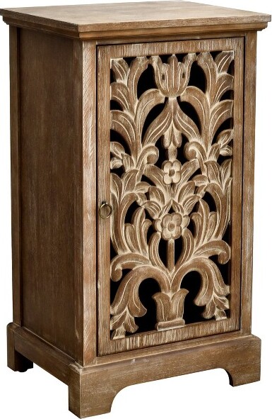 eHemco eHemcoVintageHollowCarvedDoorEndTable,18x14x30.5Inches,StorageCabinetwithDecorativePanel,IndoorLivingRoomSideTable,Natural