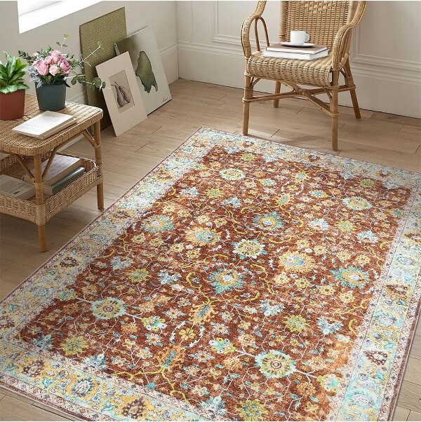 Fulvari 5x7FTMachineWashableRugNon-SlipBohoAreaRugwithLowPileVintageRugforLivingRoomKitchenBathroomOfficeBrown