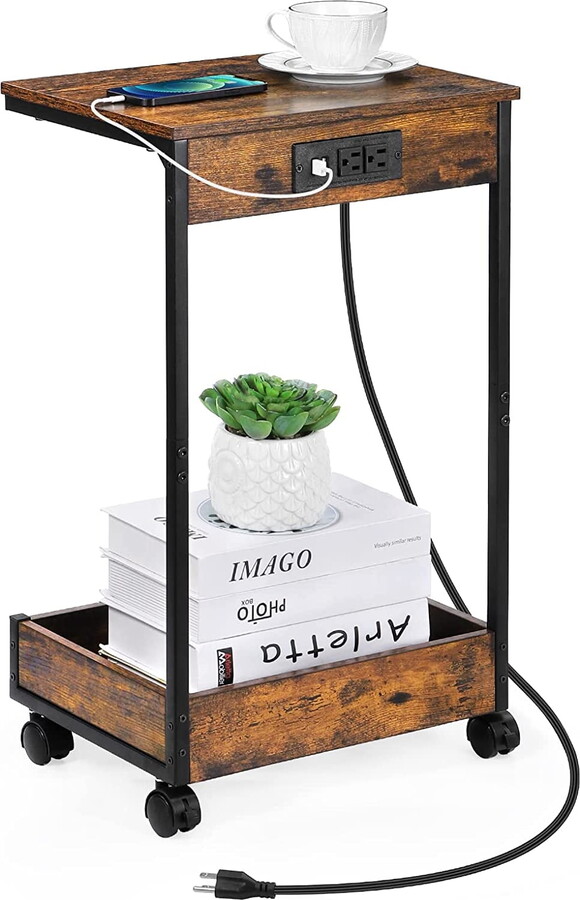 Oumilen C-Shaped Rolling End Table with Charging Station, Sofa Side Table with USB Ports & Power Outlets