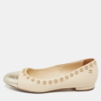 Chanel Beige/Gold Leather CC Cap Toe Camellia Studded Ballet Flats Size 37.5  - ShopStyle