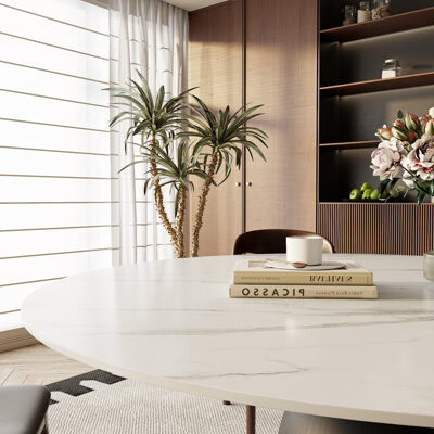 Modern Dining Table Round Black Sintered Stone Dining Table 47" White Grey With Solid Wood Pedestal For 4(only table)