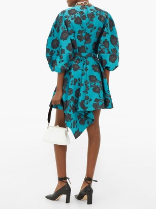 Marques Almeida Floral-jacquard Asymmetric Belted Mini Dress - Blue Multi