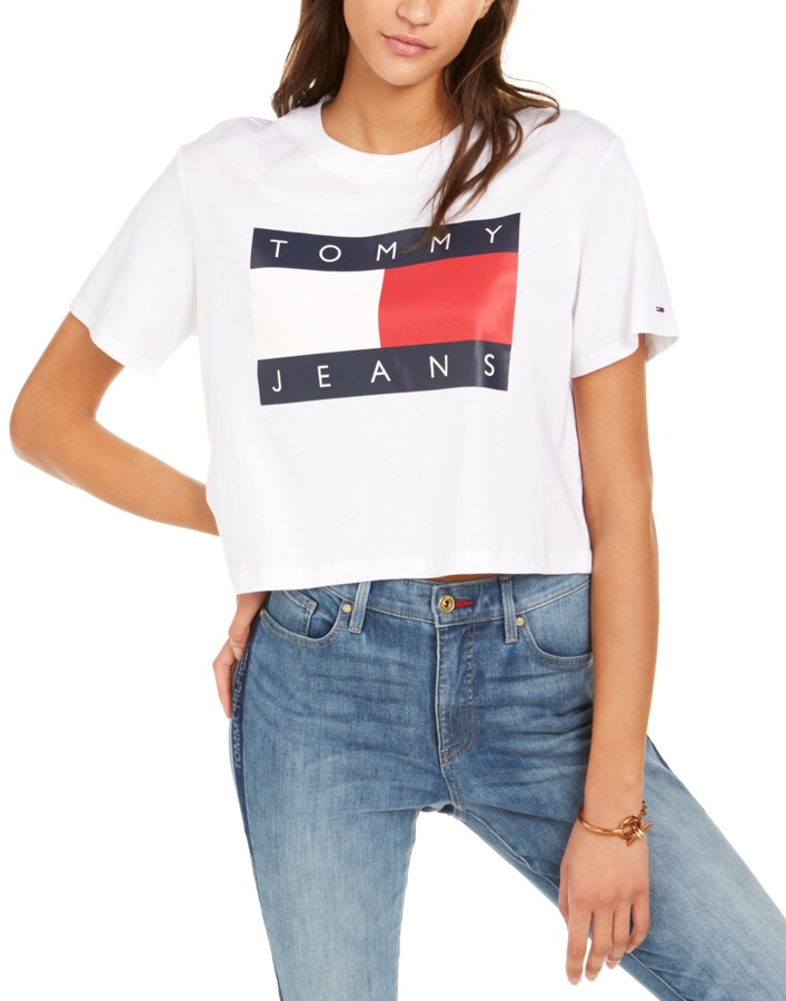 Tommy Jeans Cotton Flag Logo Cropped T-Shirt - ShopStyle Short Sleeve Tops