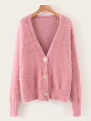 Shein Button Through Fluffy Knit Cardigan