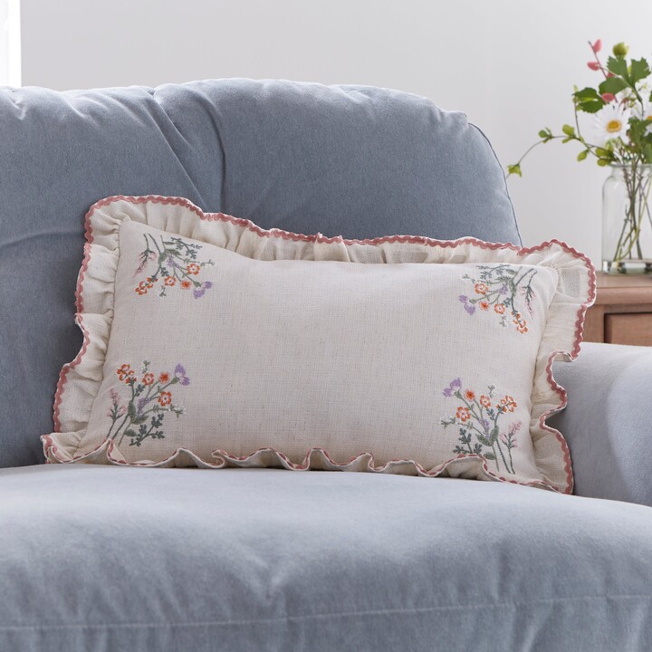 Dunelm Primrose Floral Ruffle Edge Rectangular Cushion Natural