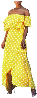 Toamen Women Off Shoulder Polka Dot Print Ruffle Sleeveless Summer Beach Party Prom Maxi Dress(Yellow  2XL)