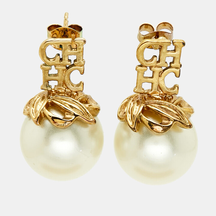 Carolina Herrera CH Logo Faux Pearl Gold Tone Metal Earrings