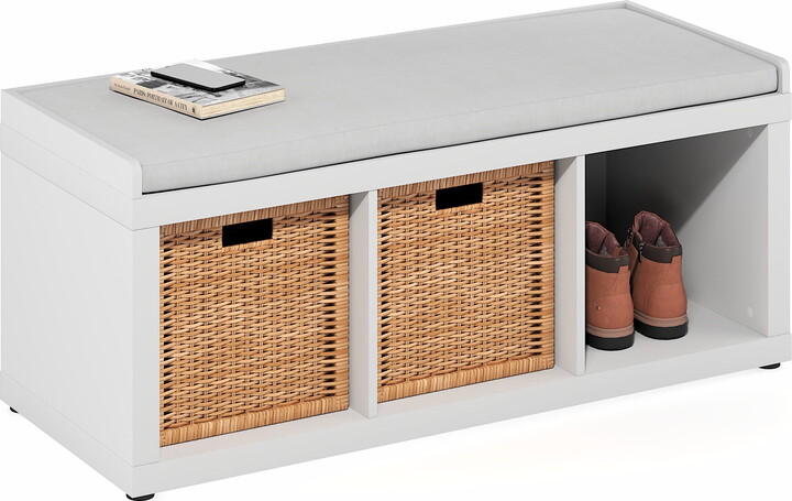 Furinno Cubicle 3-Cube Storage Bench with Comfy Cushion in White