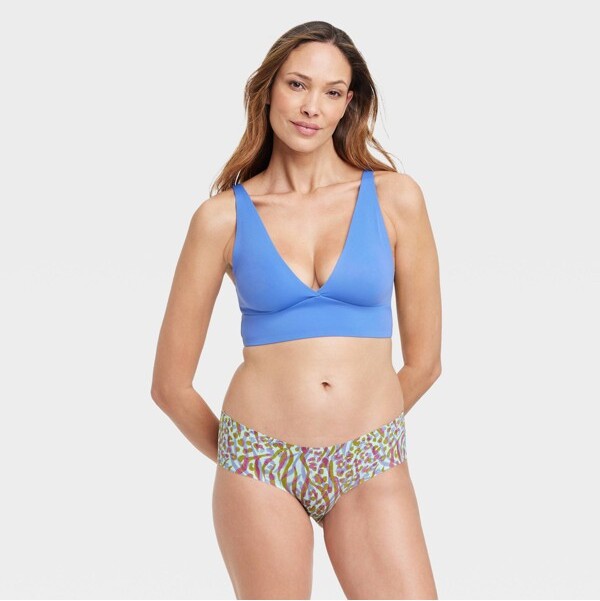Women's Lace Trim Cotton Bikini Underwear - Auden™ Blue S