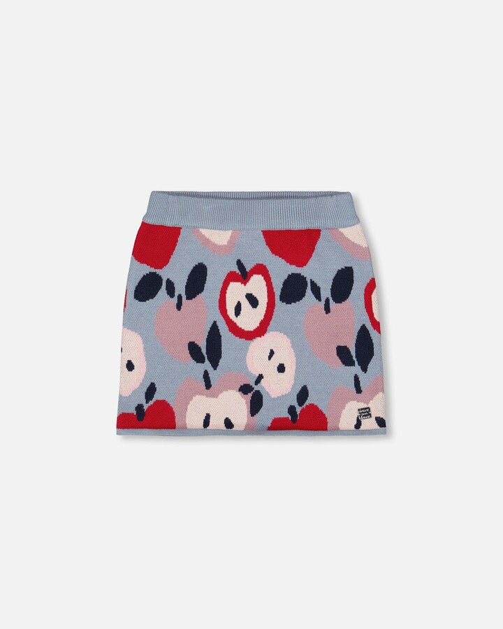 Knit Skirt Blue and Red with Apple Heart Jacquard
