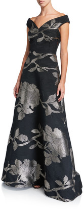 Rickie Freeman For Teri Jon Floral Metallic Jacquard Off-the-Shoulder A-Line Gown