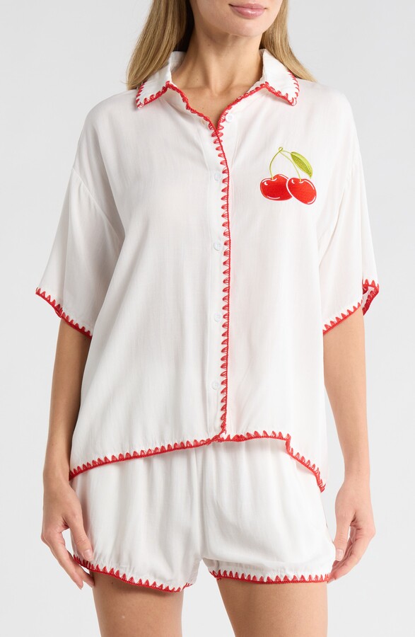 Betsey Johnson Blanket Stitch Embroidered Cabana Button-Up Shirt & Shorts Cover-Up Set