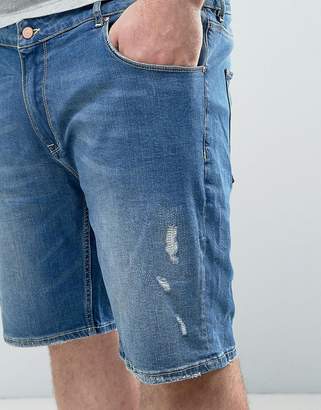 ASOS Design PLUS Skinny Denim Shorts In Mid Wash Blue With Rip And Repair
